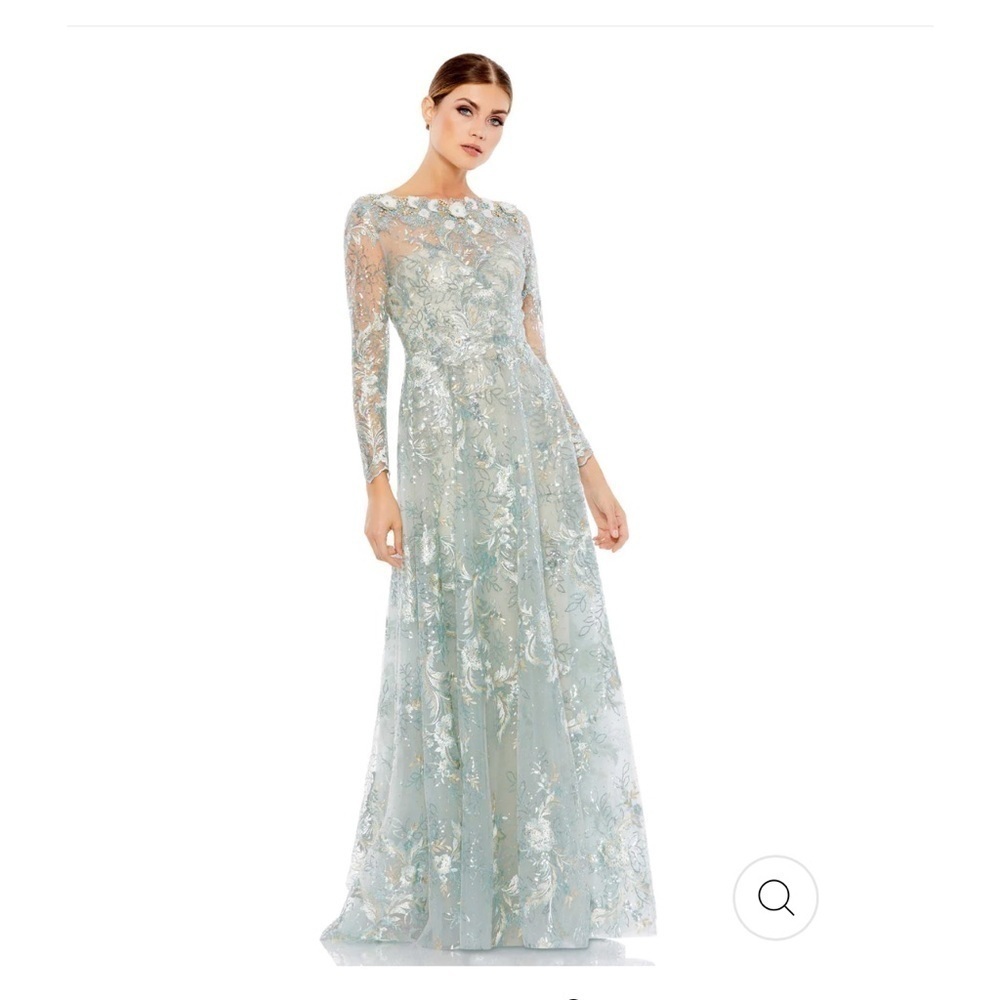 Mac Duggal Pale Blue Floral Lace Long Sleeve Maxi Gown NWT